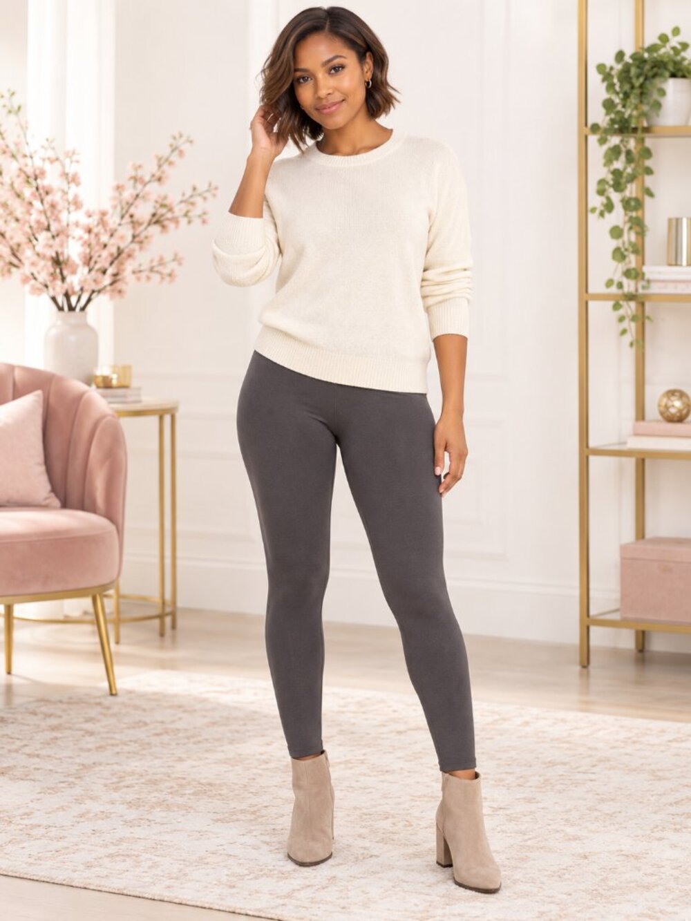 Sofra Charcoal Gray Fleece-Lined Leggings Free Size